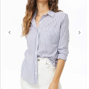 Blue and white striped button-up collared shirt